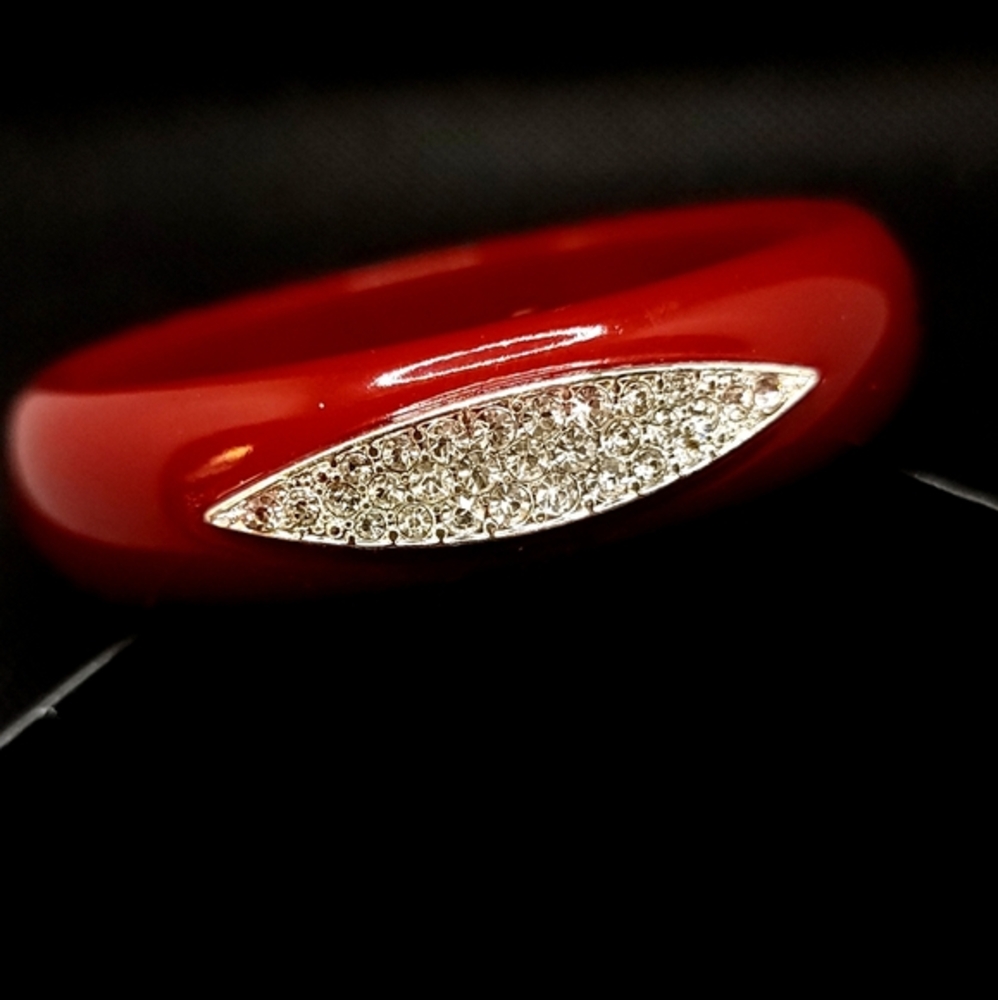 Red Lucite Pave Accent Bangle Bracelet Rouge Red Bracelet Accent Diamond Pave